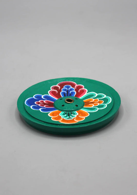 Round Tibetan handpainted floral Incense holder - Green