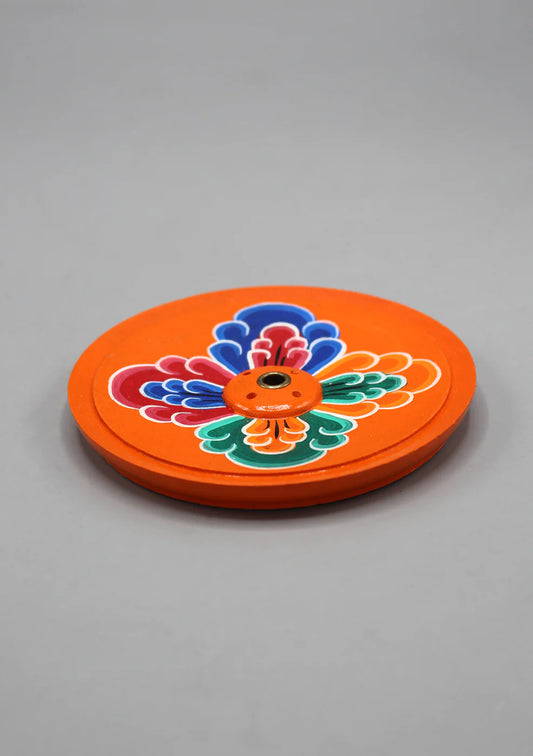 Round Tibetan handpainted floral Incense holder - Orange