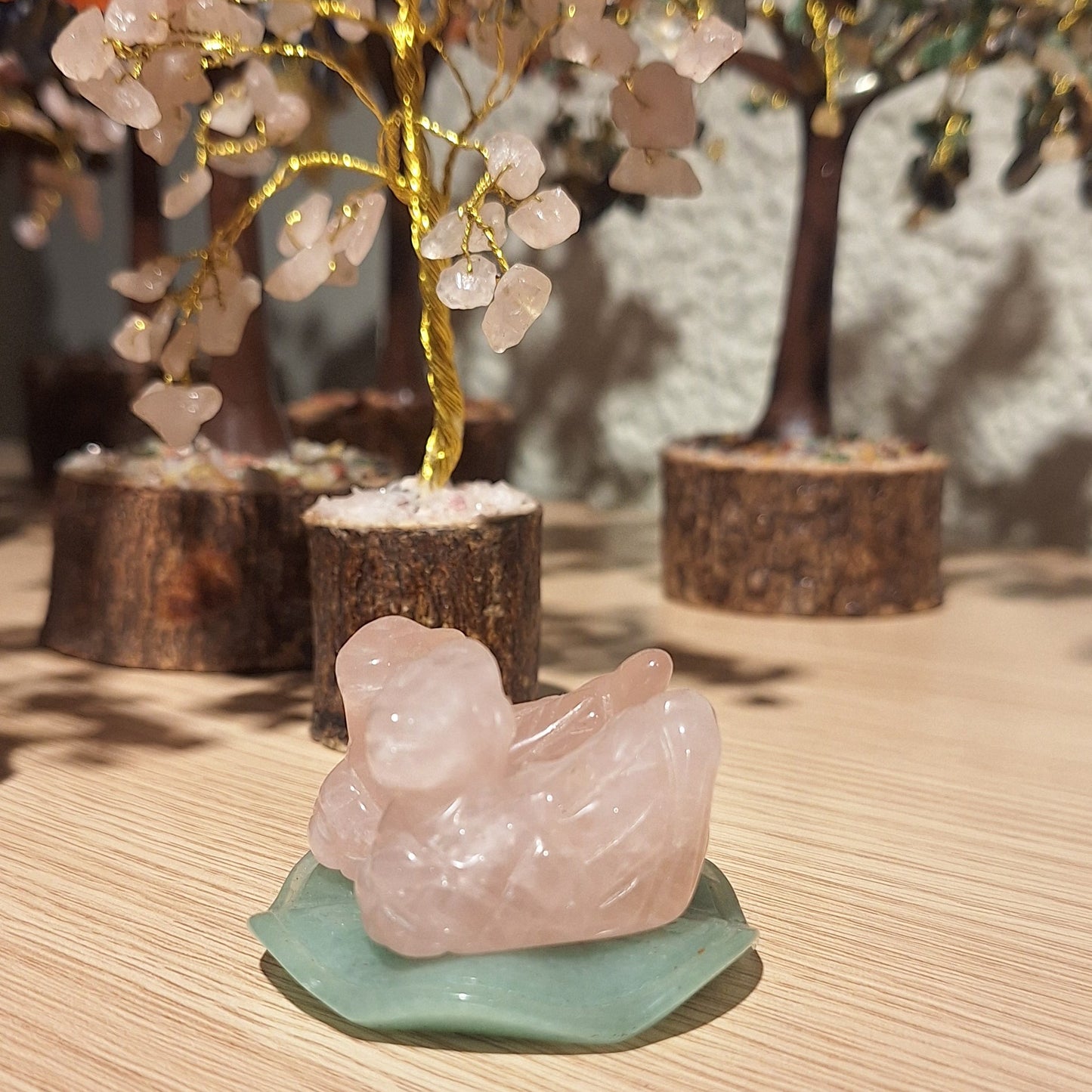 Rose Quartz Swan pair with Green Jade stand