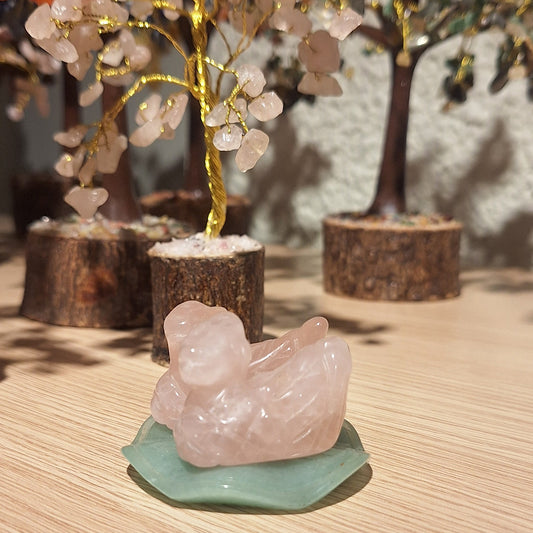 Rose Quartz Swan pair with Green Jade stand