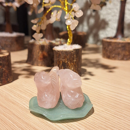 Rose Quartz Swan pair with Green Jade stand