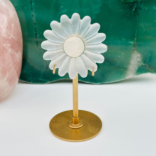 Selenite Crystal Daisy flower on stand